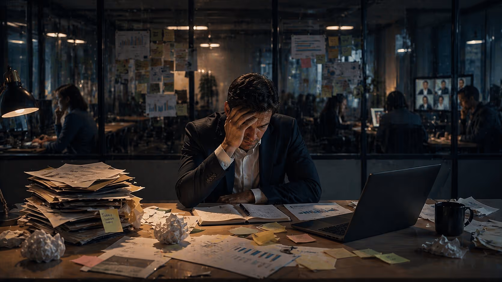 Stressed man in a suit sitting at a cluttered desk with papers, charts, and a laptop in a dimly lit office.