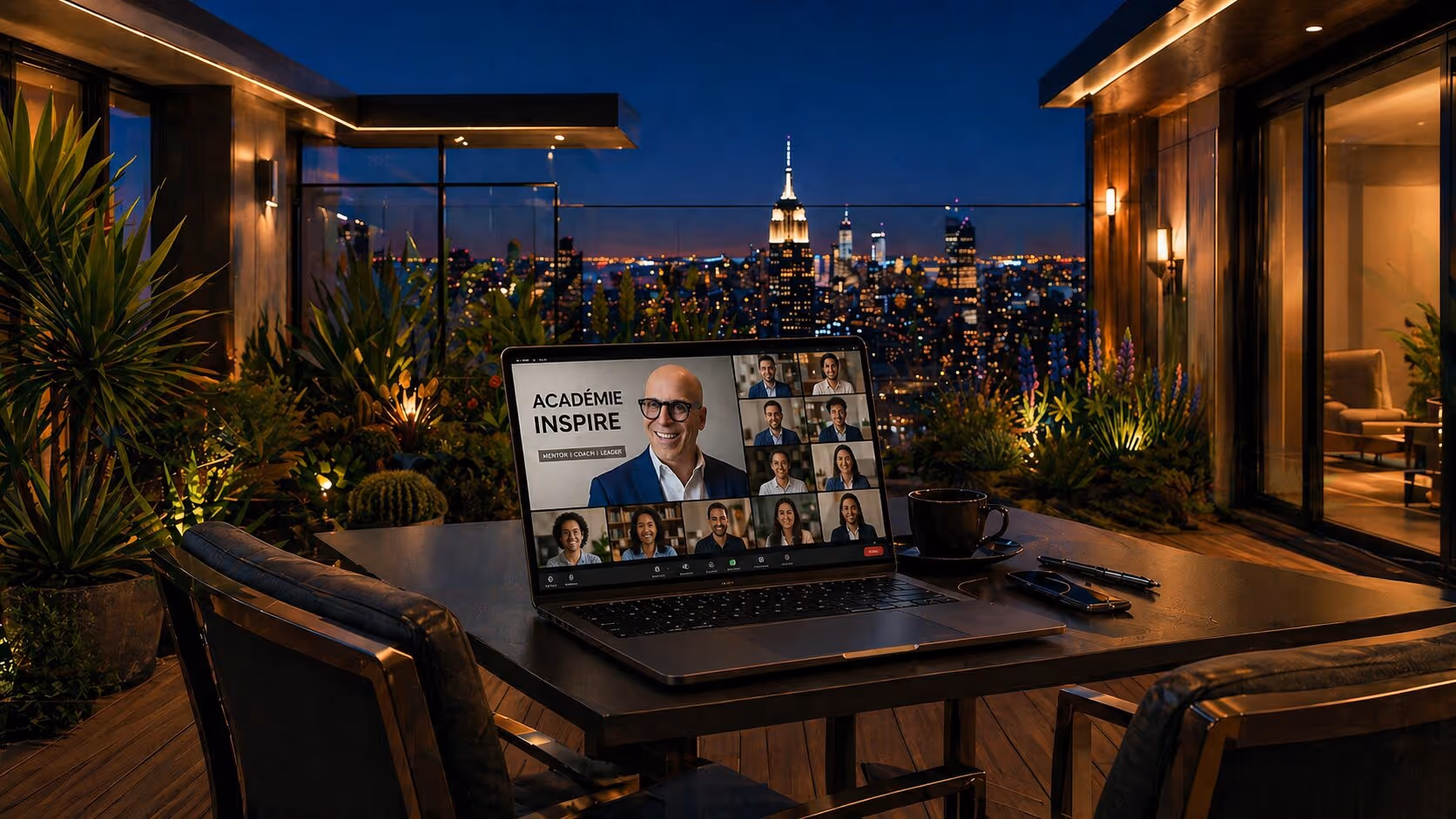 Outdoor night view of a laptop on a terrace table showing a virtual meeting with diverse participants and the text Académie Inspire, with city skyline in the background.