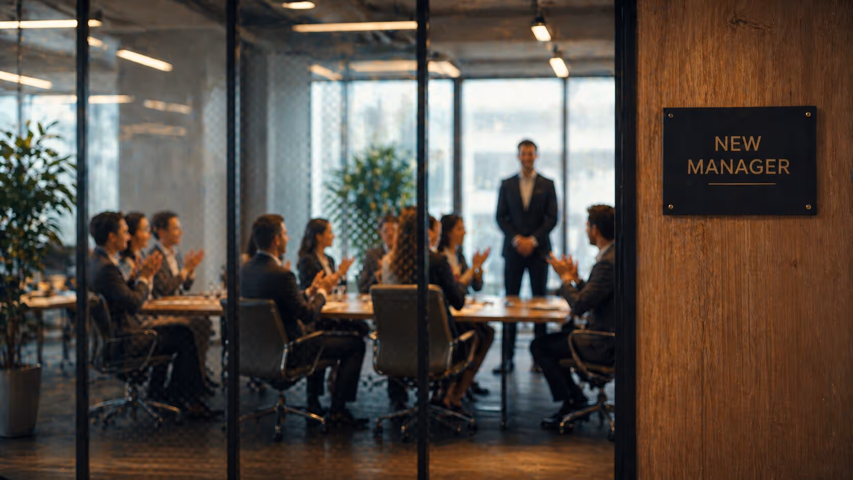 Office team clapping for a man standing in front of them in a conference room with a sign that reads New Manager.