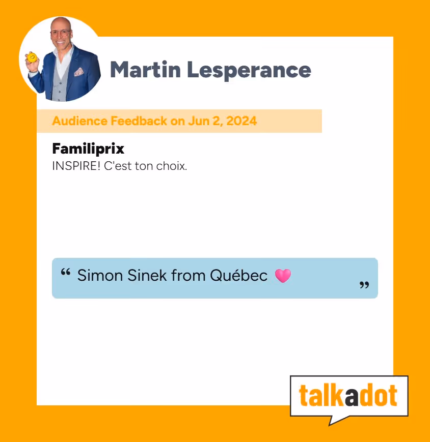 Audience feedback for Martin Lesperance dated June 2, 2024, including a quote from Familiprix praising inspiration and a highlighted comment 'Simon Sinek from Québec' with a heart emoji, alongside the talkadot logo.