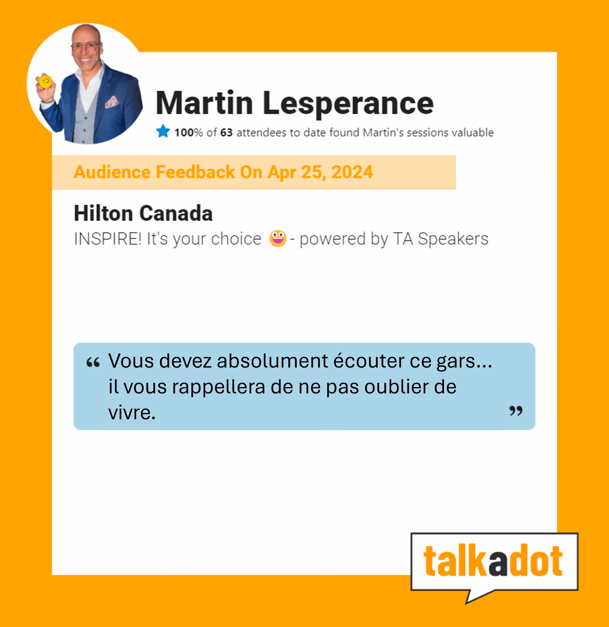 Martin Lesperance with 100% positive feedback from 63 attendees for his session at Hilton Canada on Apr 25, 2024, including a French testimonial about his inspiring speech.