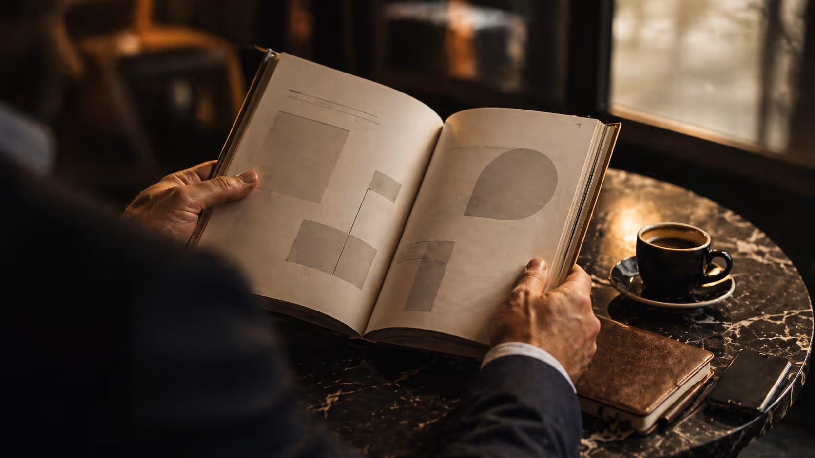 Person holding an open book with abstract shapes, sitting at a marble table with a cup of coffee, notebook, and phone.