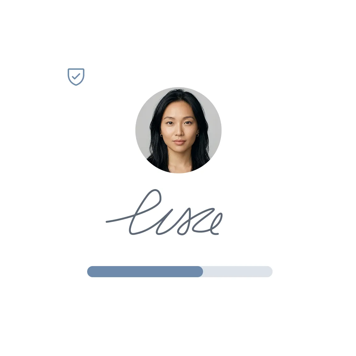 Profile picture of a woman with long black hair and neutral expression inside a circular frame, above a stylized handwritten signature and a partially filled blue progress bar.