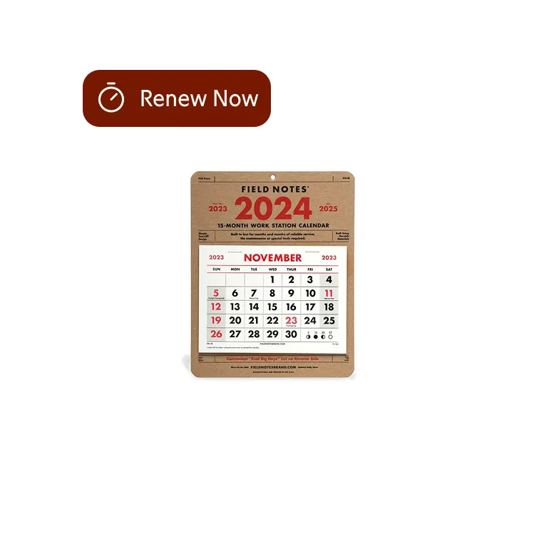 2024 Field Notes 15-month work station calendar showing November 2023 with a 'Renew Now' button above.