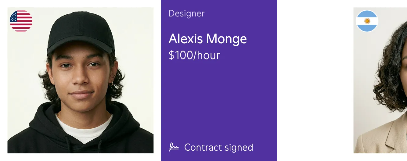 Portrait of Alexis Monge, a designer costing $100 per hour with a signed contract, wearing a black cap and hoodie.
