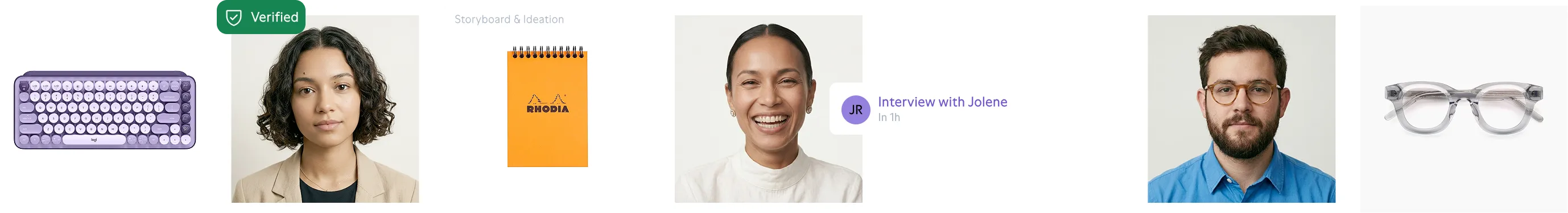 Collage including a lavender computer keyboard, headshots of a woman with curly hair, a smiling woman, and a bearded man with glasses, an orange Rhodia notebook, a chat notification about an interview with Jolene, and a pair of translucent gray eyeglasses.