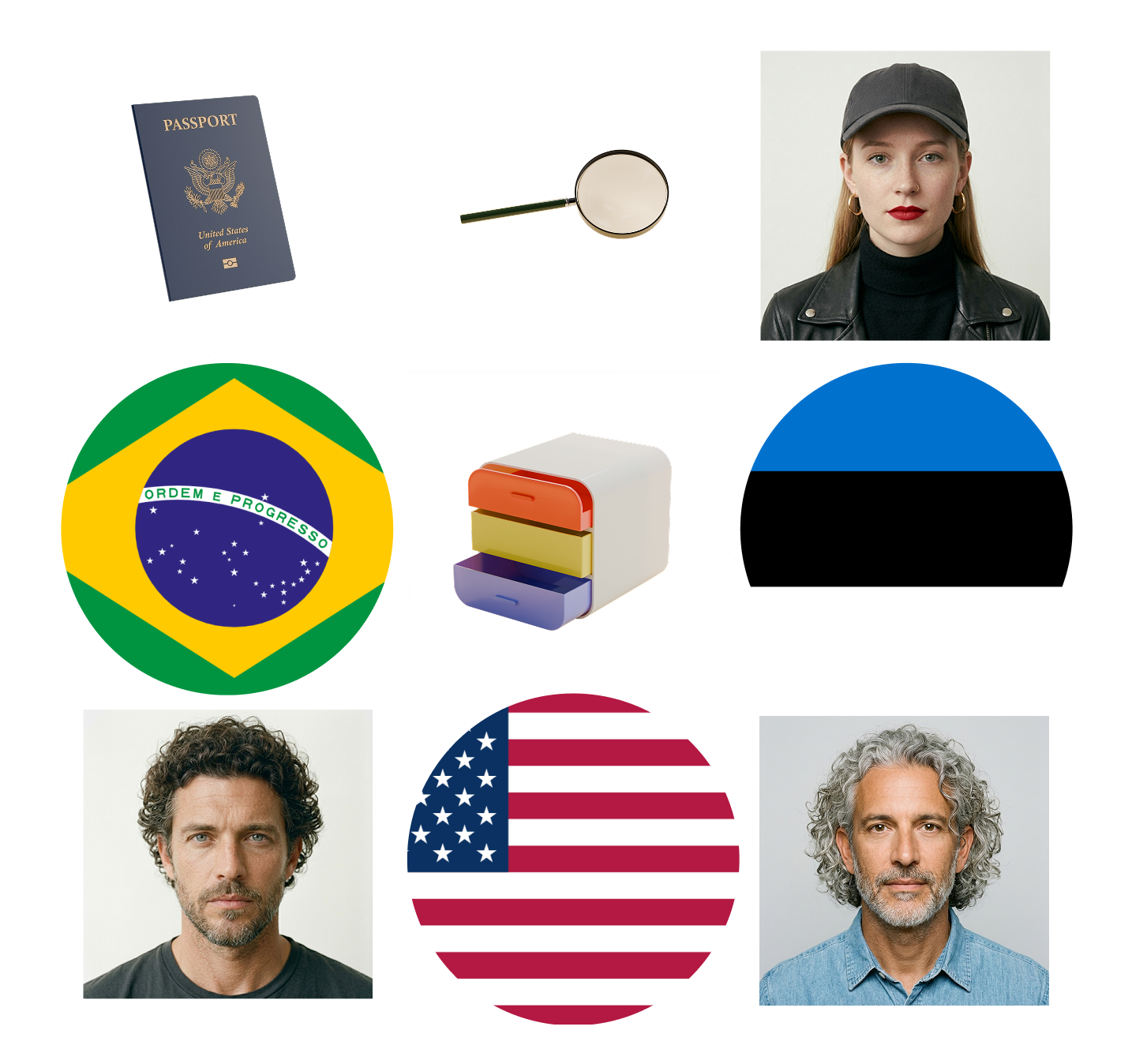 Collage showing two blue passports, a yellow pencil, three portraits of different people, a red stamp, and circular flags of Brazil, Estonia, and the United States.
