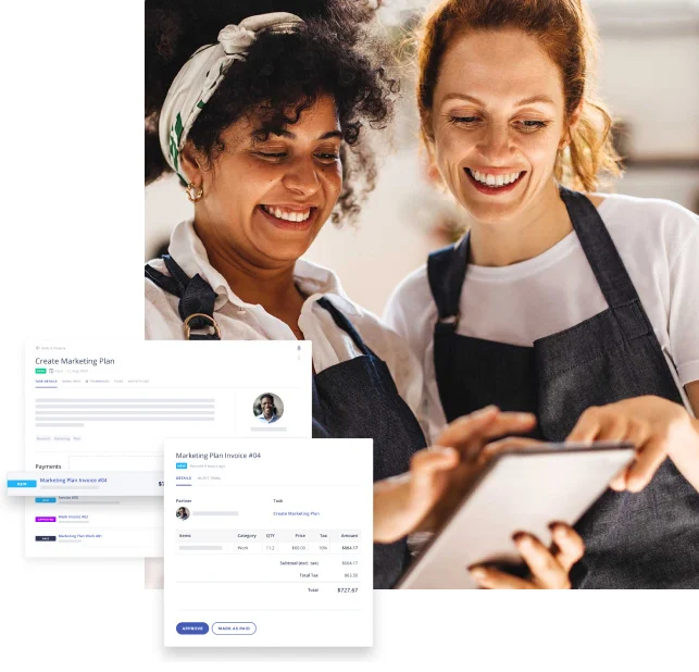 Two women in aprons smiling and looking at a tablet together with digital marketing plan and invoice overlays.