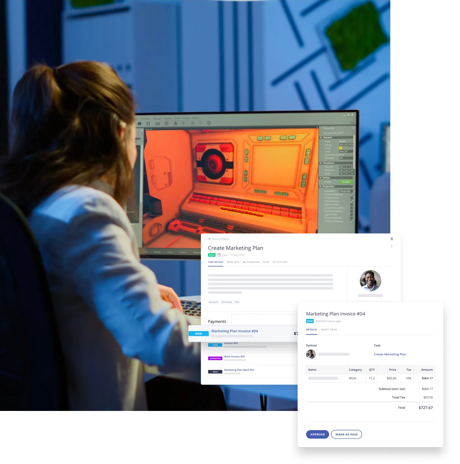 Person working on a computer with a 3D modeling software on screen and overlaid images of marketing plan invoices and payment details.