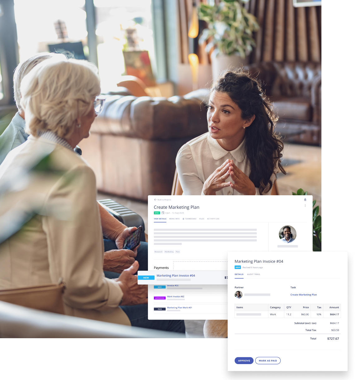 Three people having a discussion in a cozy office setting with a digital overlay showing a marketing plan and invoice details.