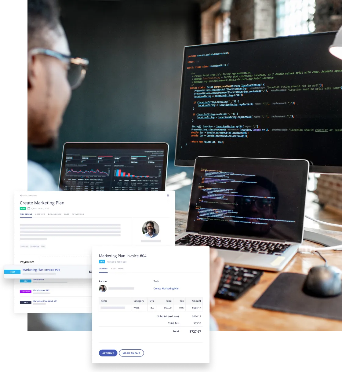 Person at a desk with three screens showing programming code, data charts, and a marketing plan invoice.