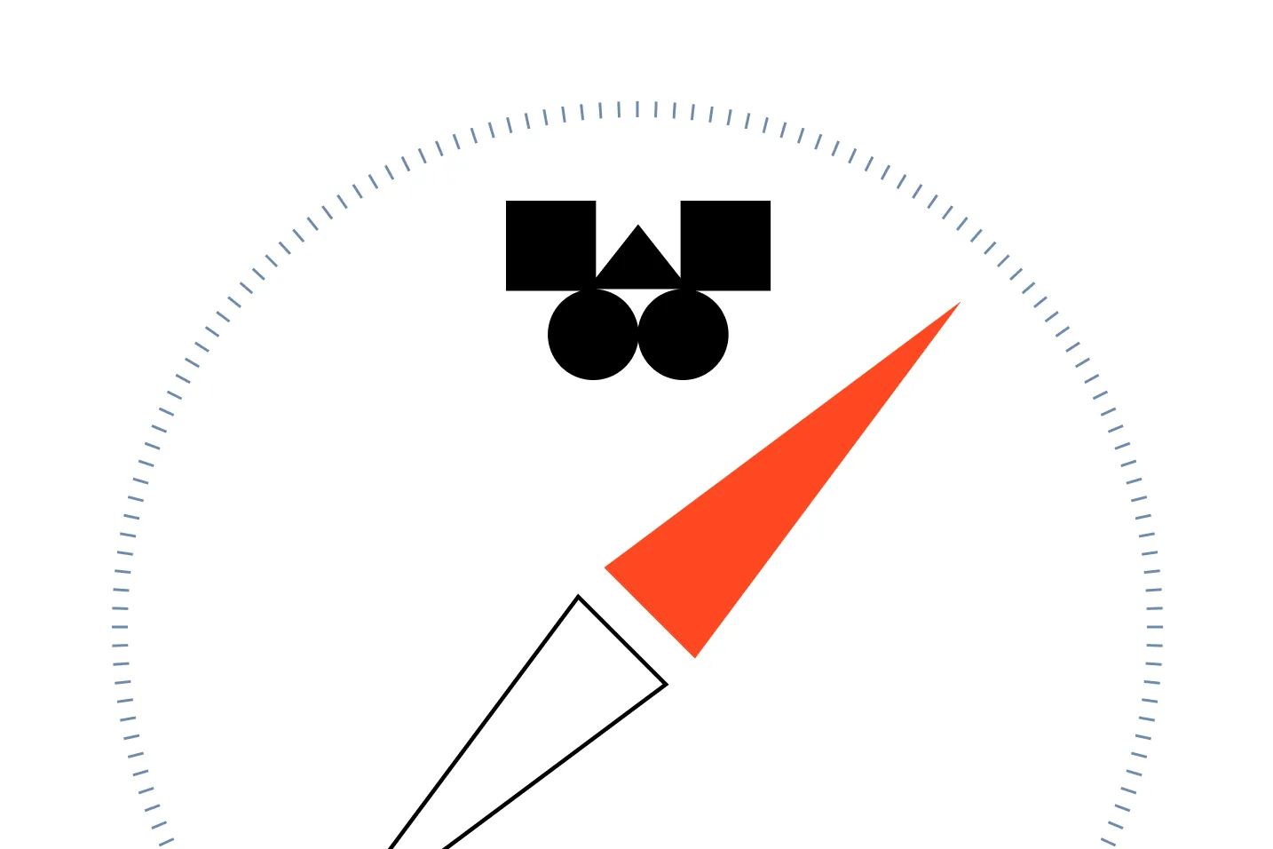 Partial view of a compass with an orange needle pointing northeast and a black shape above it inside a circular frame with tick marks.