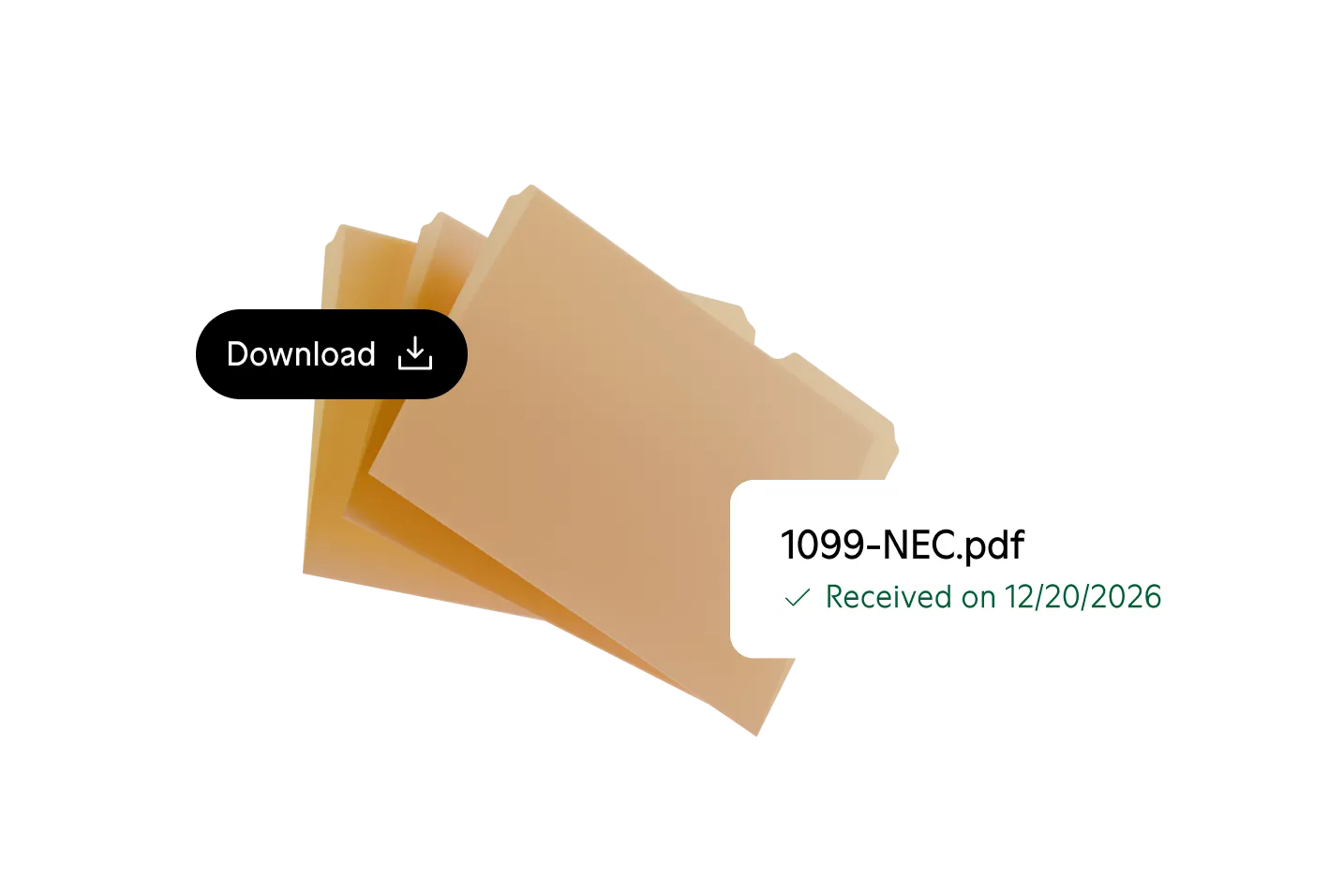 Three beige file folders with a label showing a downloaded 1099-NEC.pdf document received on 12/20/2026.
