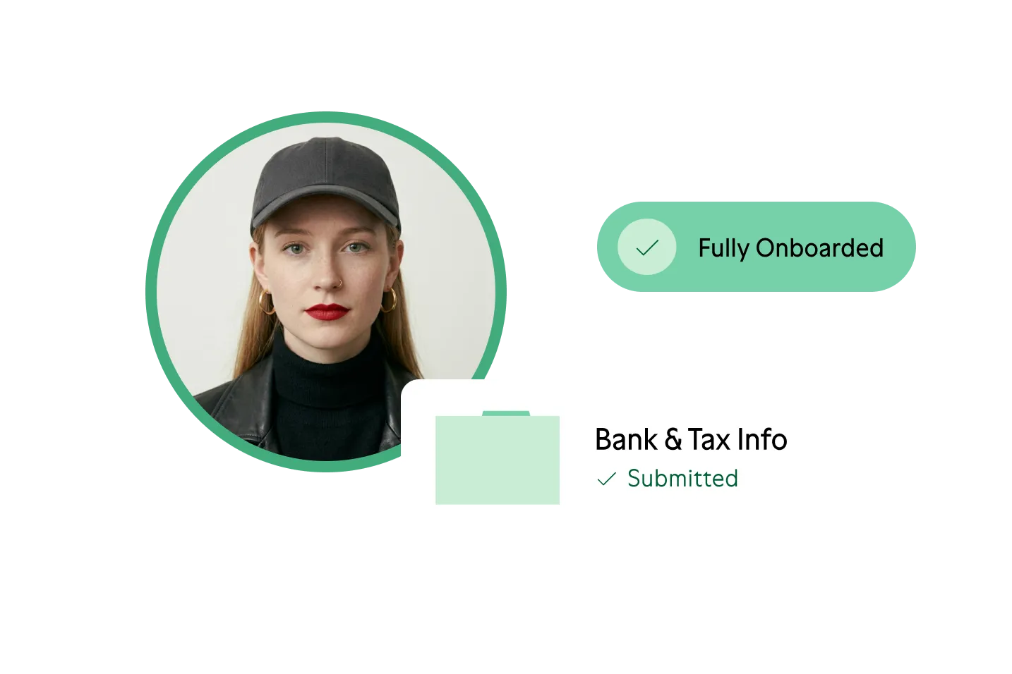 Portrait of a woman wearing a black cap and leather jacket with a 'Fully Onboarded' checkmark and a 'Bank & Tax Info Submitted' notification.
