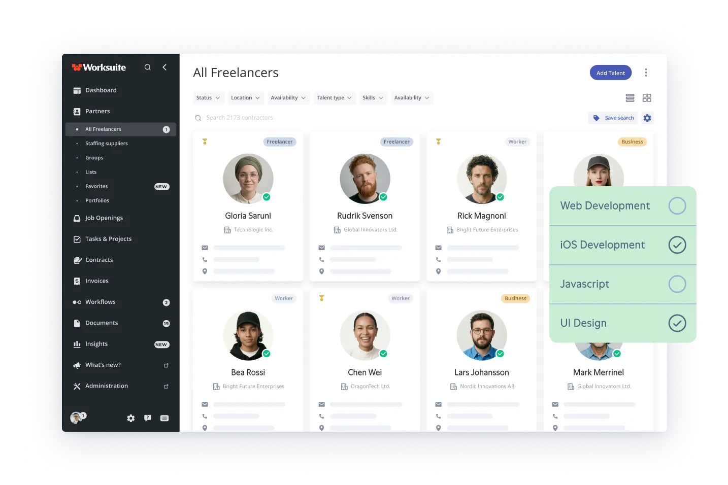 Worksuite platform screen showing profiles of freelancers and workers with filter options and skills like iOS Development and UI Design selected.