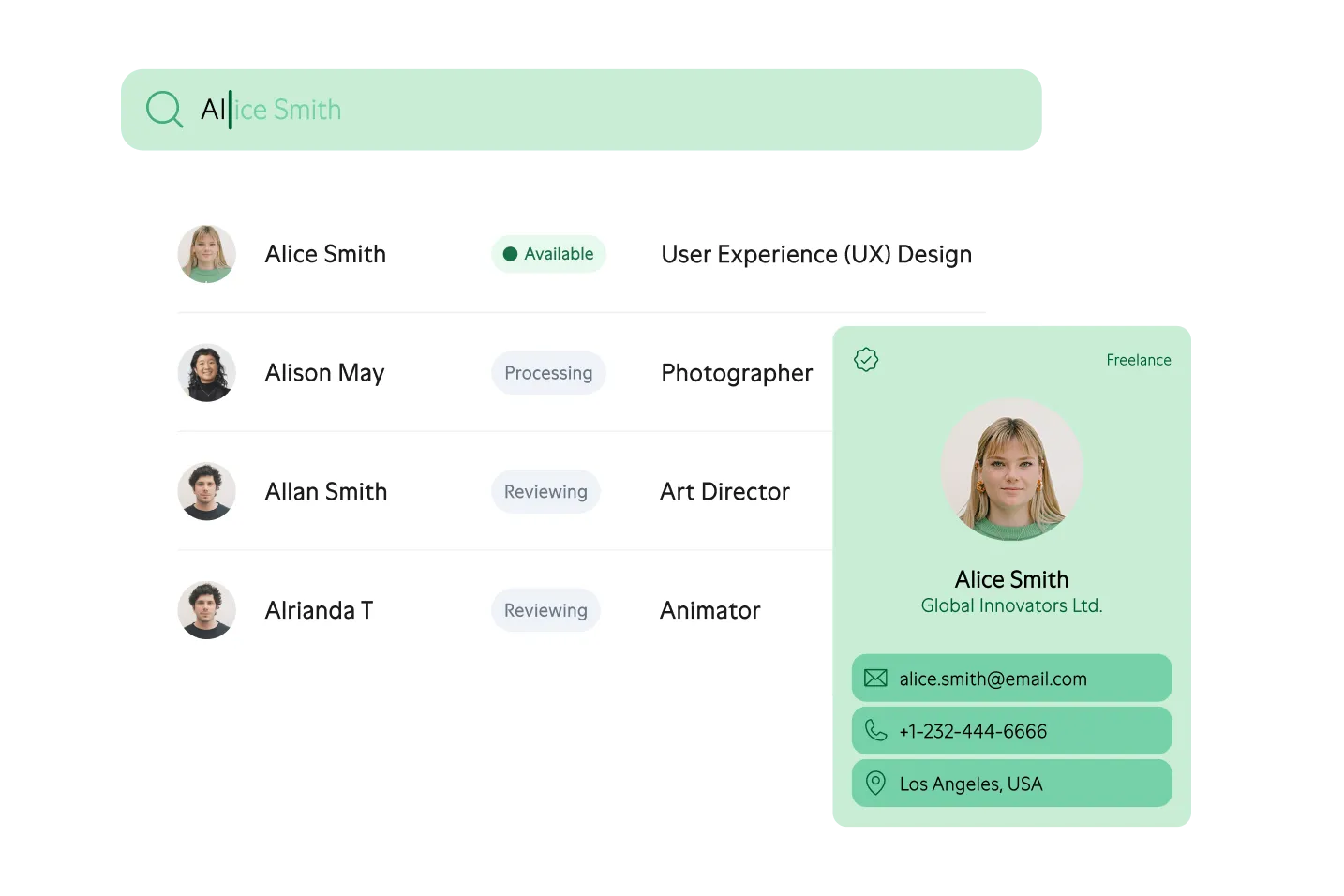 Search and filter interface for freelancers showing Alice Smith as available UX designer, with contact card including email, phone, and location.