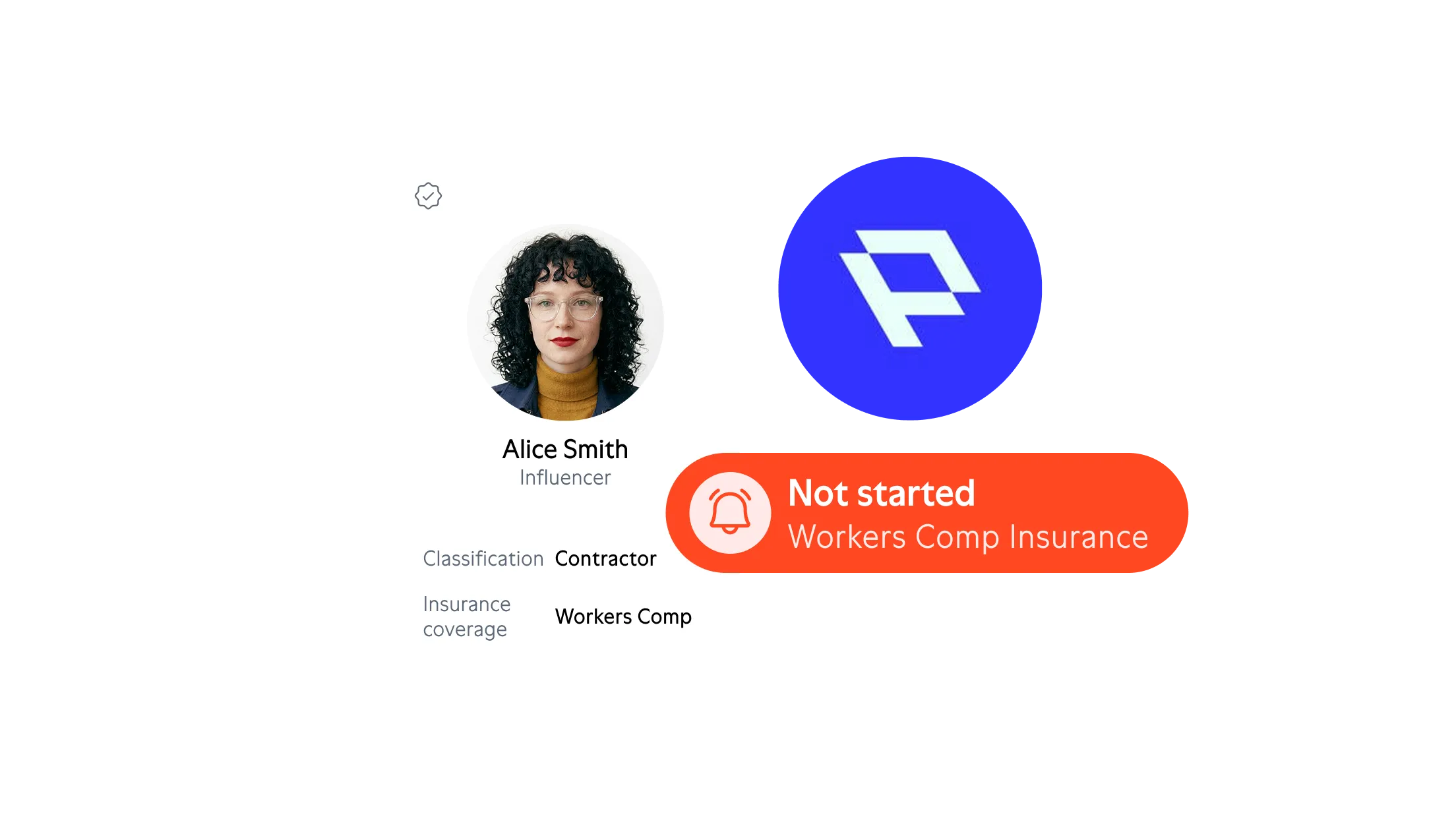 Profile card of Alice Smith, an influencer classified as contractor with workers comp insurance coverage and a notification indicating Workers Comp Insurance not started.
