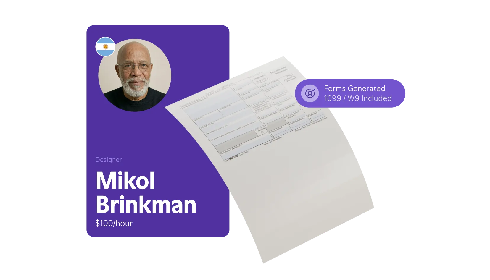 Profile card of Mikol Brinkman, a designer charging $100 per hour, with an Argentine flag and a photo of a bald man with glasses and a white beard, alongside flying tax forms including 1099 and W9.