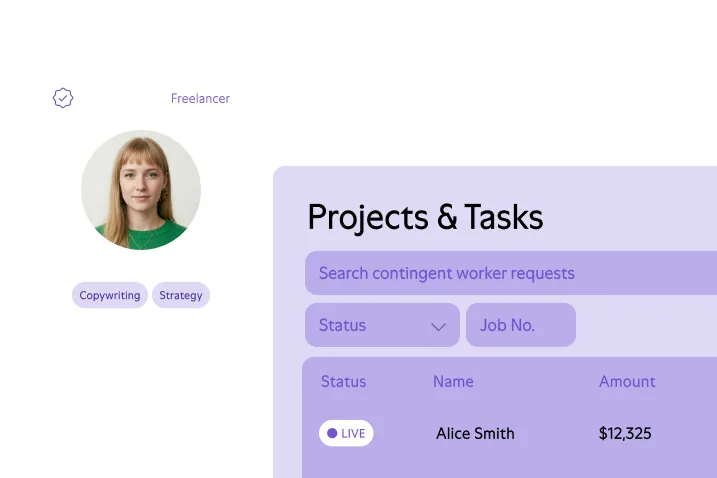 Freelancer profile with photo of a woman and tags 'Copywriting' and 'Strategy' next to a Projects & Tasks panel showing a search bar, filters for Status and Job No., and a list with Alice Smith marked as live with amount $12,325.