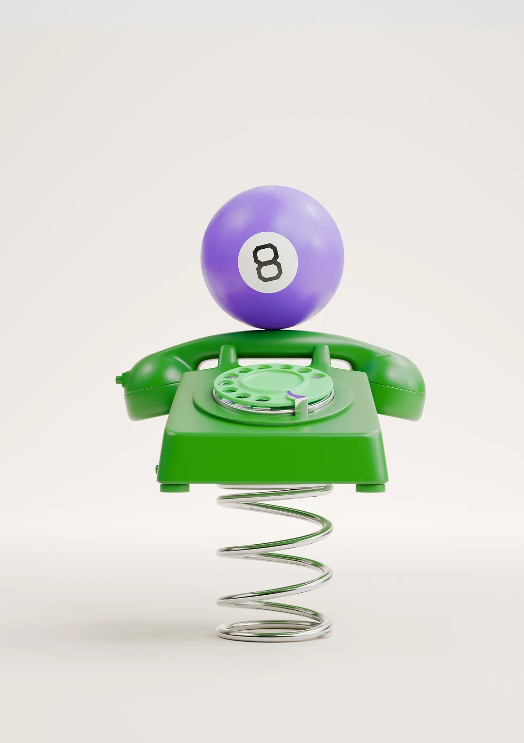 Green rotary dial telephone with a purple 8-ball on top, supported by a metal spring.