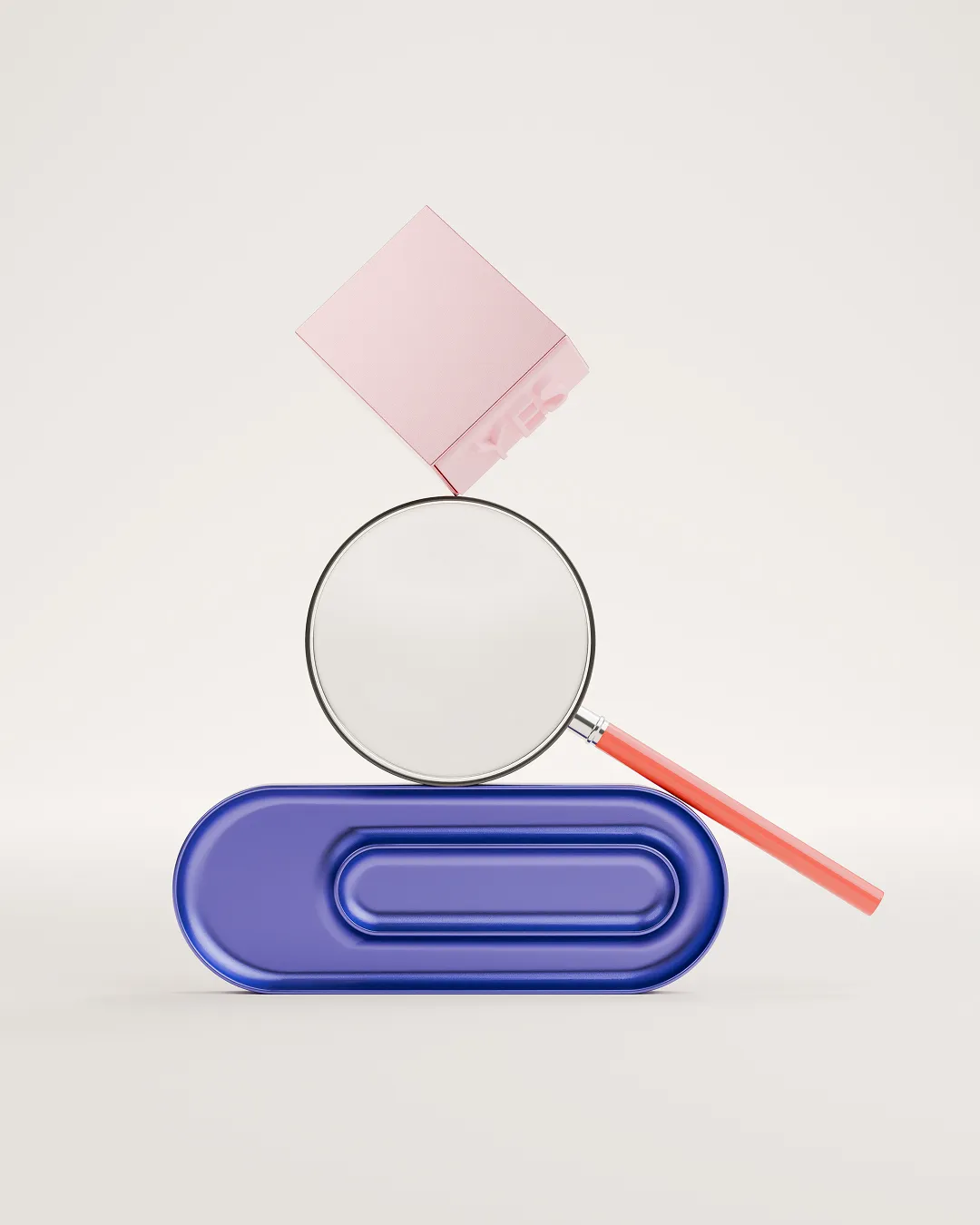 Magnifying glass with a red handle leaning on a blue capsule-shaped object, inspecting a tilted pink cube.