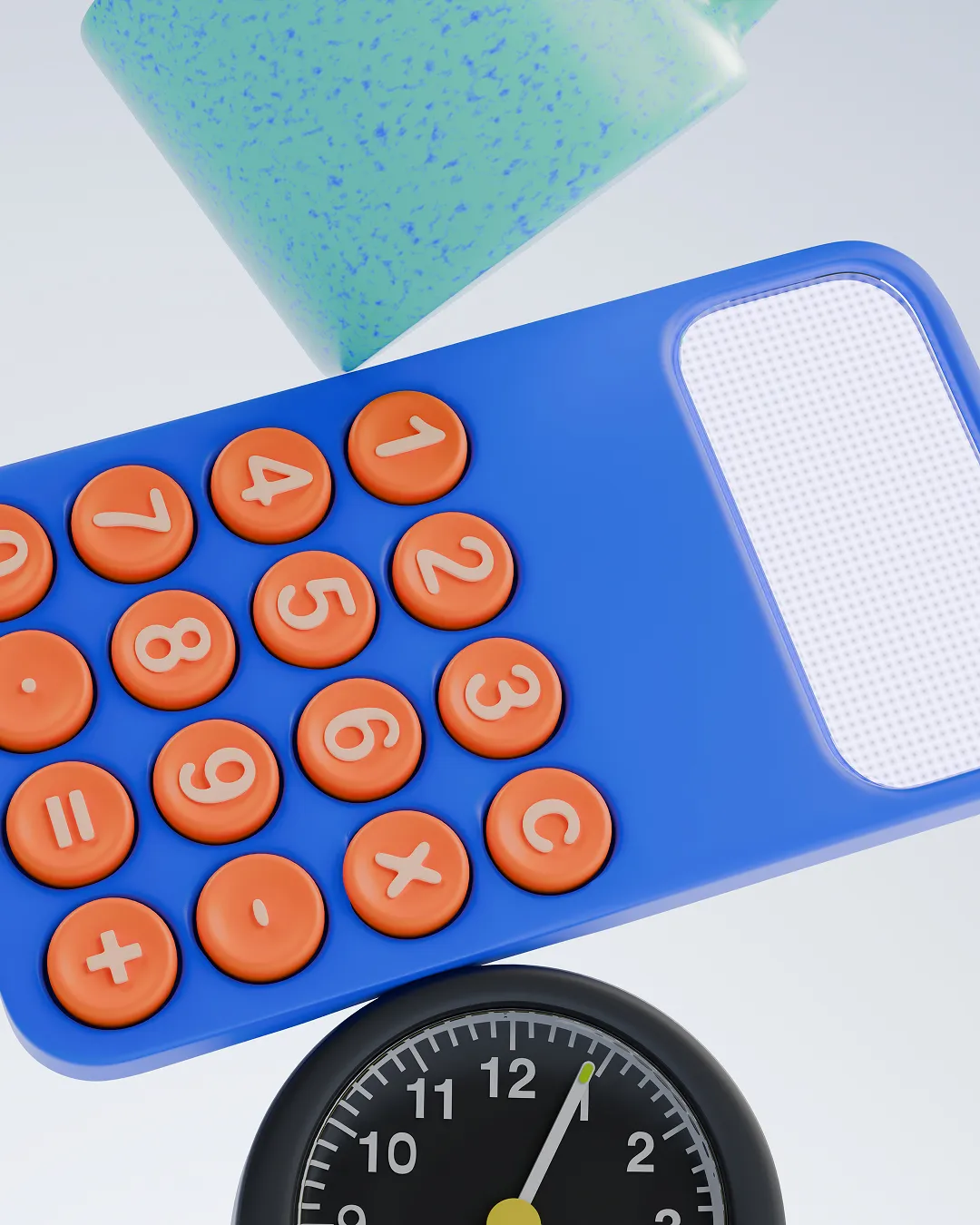 Close-up of a blue calculator with orange round buttons beside a black clock displaying 12:05.