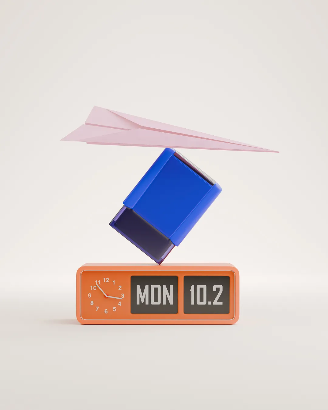 Orange digital clock showing Monday, 10.2, with an analog clock face and a blue stamp supporting a pink paper airplane on top.