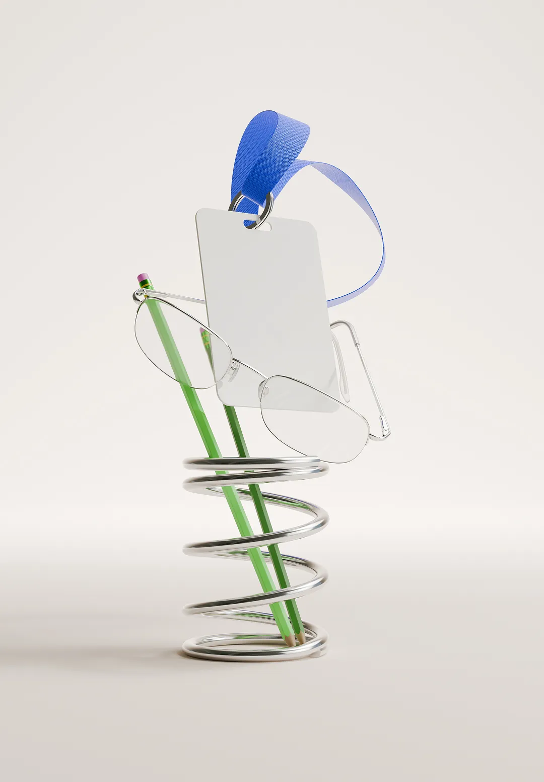 Metal spiral pencil holder containing two green pencils, a blank ID card with a blue lanyard, and a pair of eyeglasses.