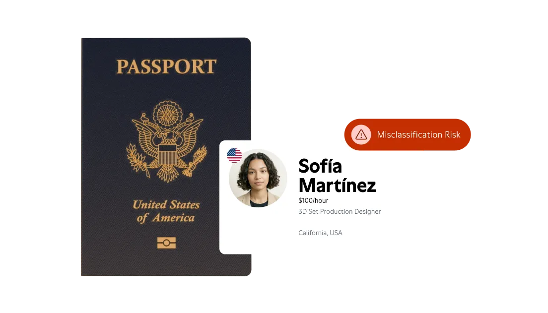 United States passport next to a profile card of Sofía Martínez, a 3D set production designer charging $100 per hour in California, USA, with a warning label for misclassification risk.