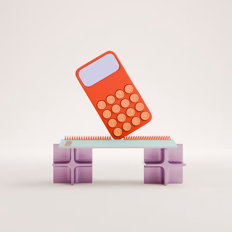 Red handheld calculator with round buttons balancing on a teal platform with red spikes on two purple sculptural supports.