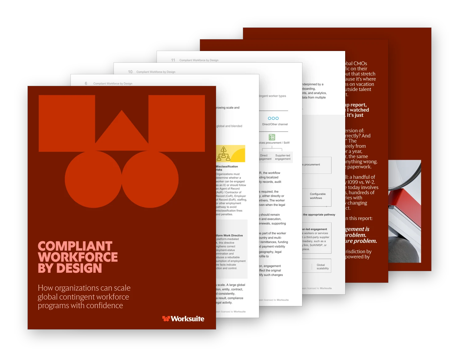 Pages from the Everest Group report Compliant Workforce by Design, fanned out with the cover on top