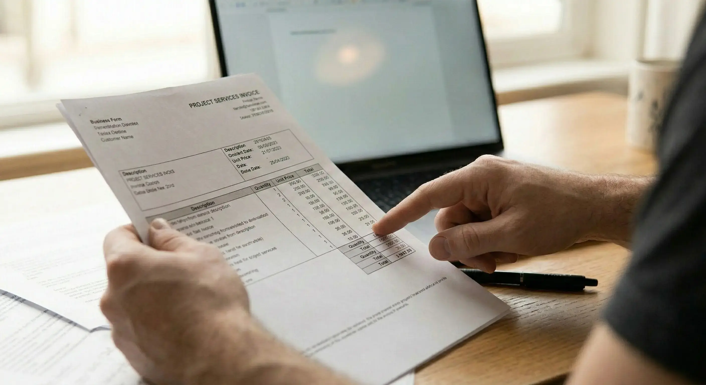 Person handling an invoice, representing AI extraction of key information from documents and forms