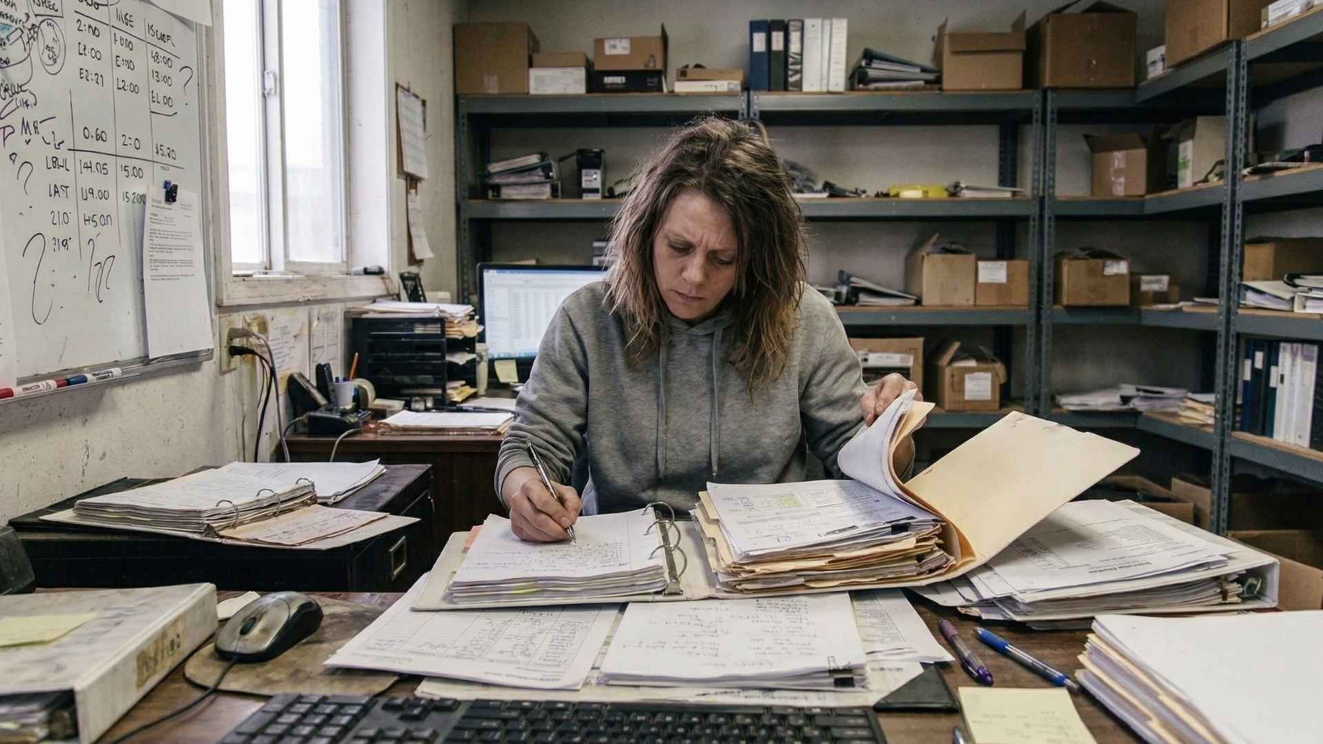 Person alone working through stacks of documents