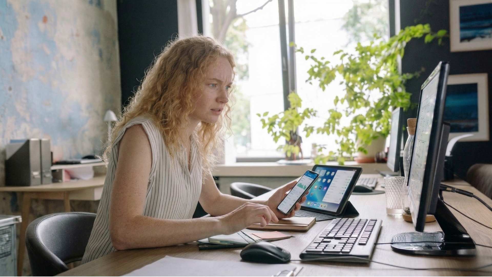 Person overwhelmed managing requests across multiple devices