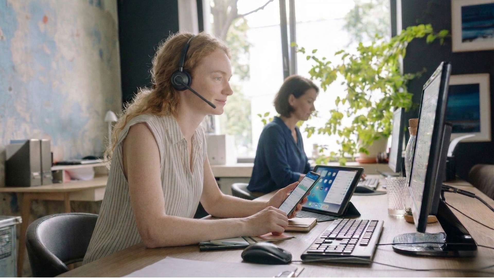 Person calmly managing customer requests with headset and organised system