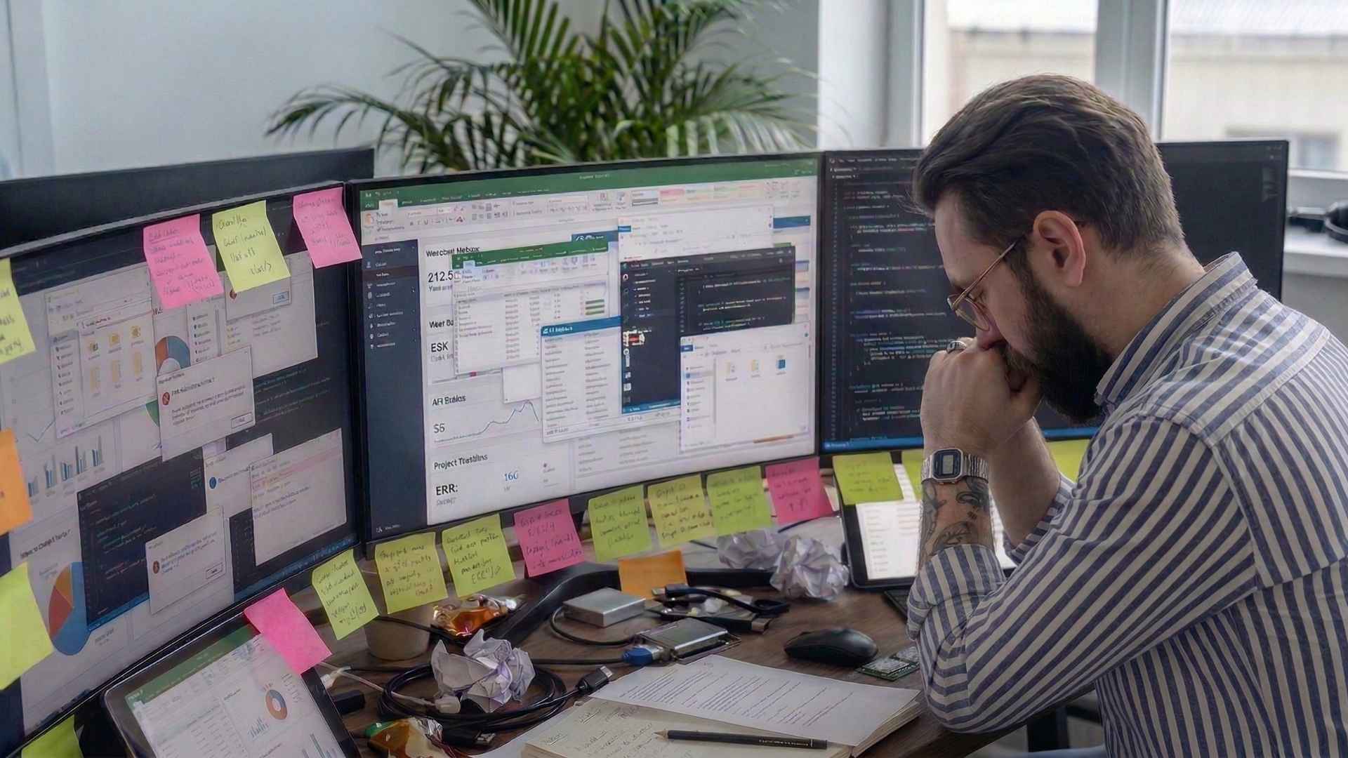 Person overwhelmed by multiple screens and conflicting systems