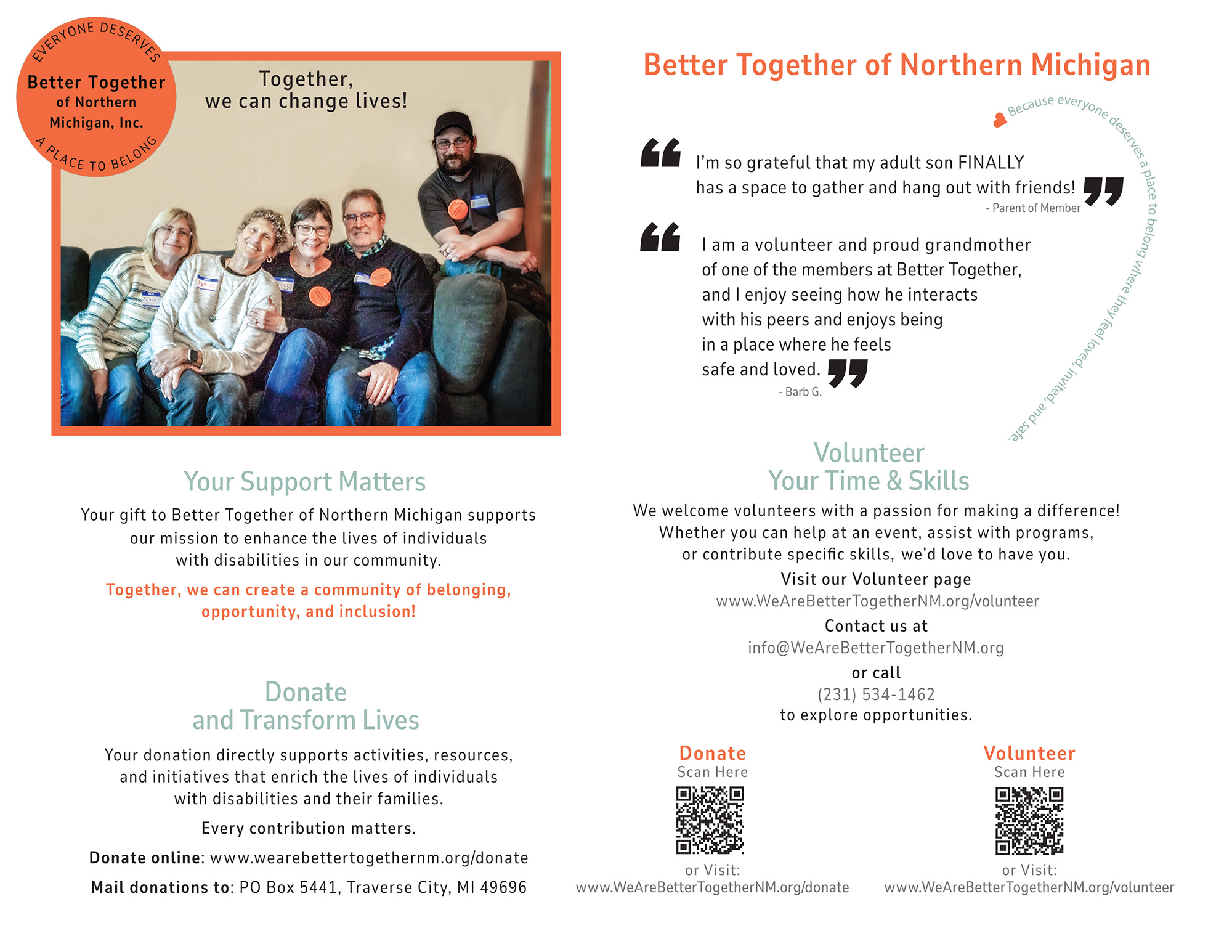Better Together of Northern Michigan donor and volunteer flyer designed to explain community support opportunities