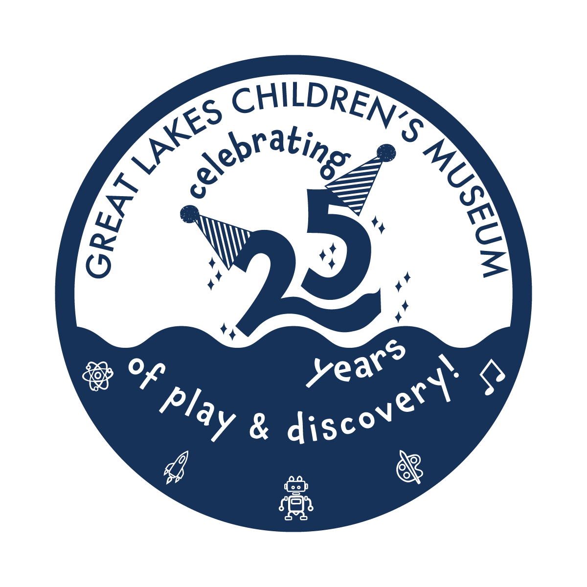 One-color blue version of the Great Lakes Children’s Museum 25th birthday logo
