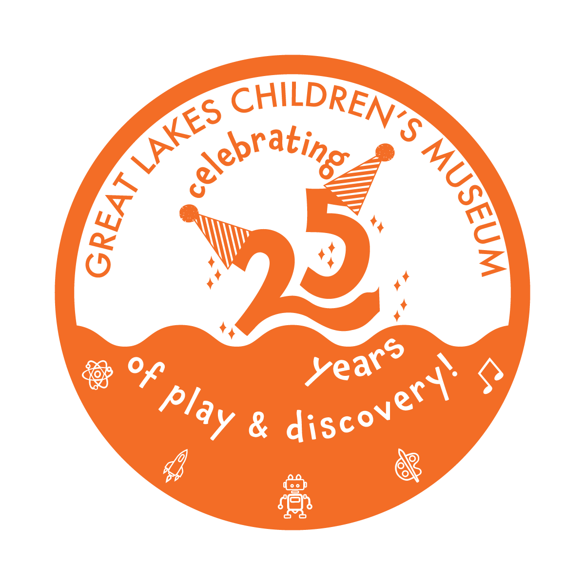 One-color orange version of the Great Lakes Children’s Museum 25th birthday logo