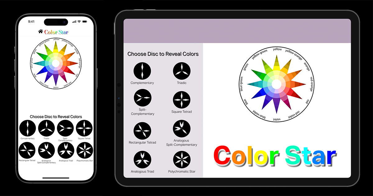 Color Star App interactive prototype showing the 12-point color wheel with rotating harmony discs