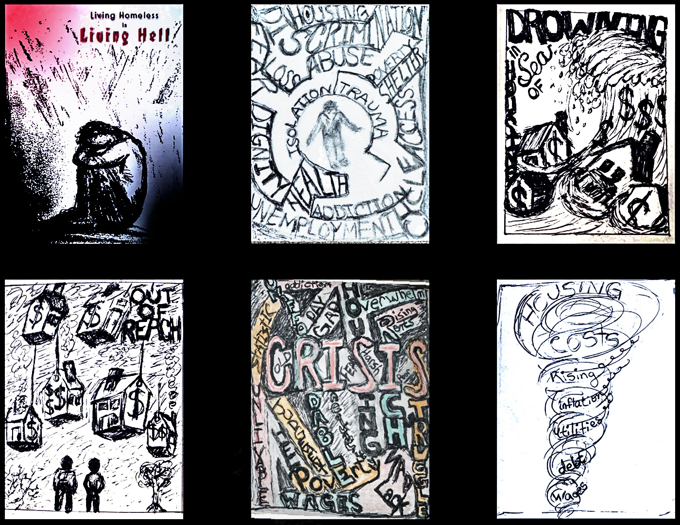 Early thumbnail sketches exploring different visual directions for the Out of Reach campaign