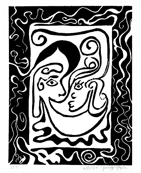 Blowing Smoke — stylized figure exhaling smoke, explored across linocut, screen print, and oil painting by Jennifer Yaple
