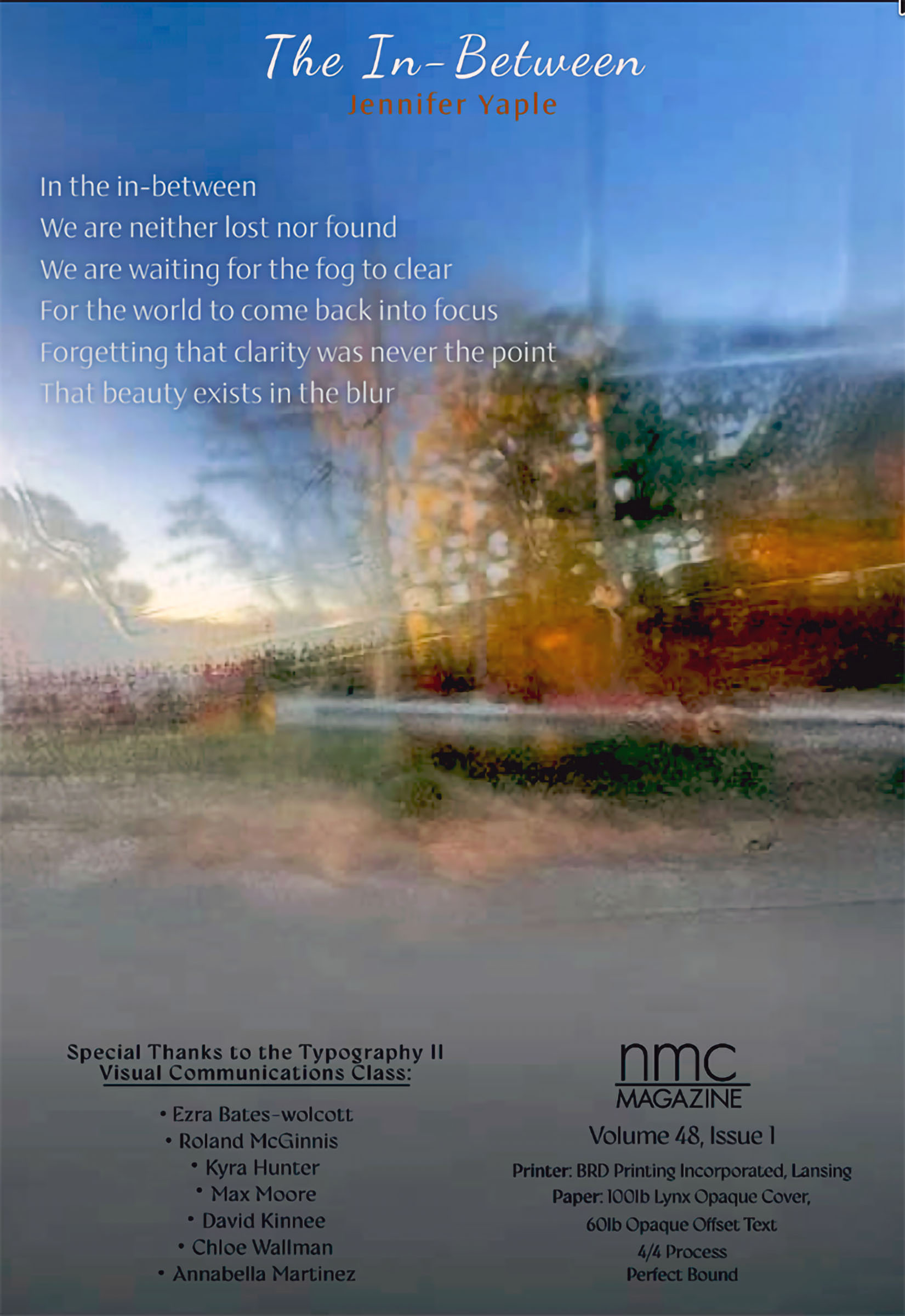 The In-Between magazine page layout showing the frosted fall landscape photograph with the poem overlaid, used as the credits page for NMC Magazine.