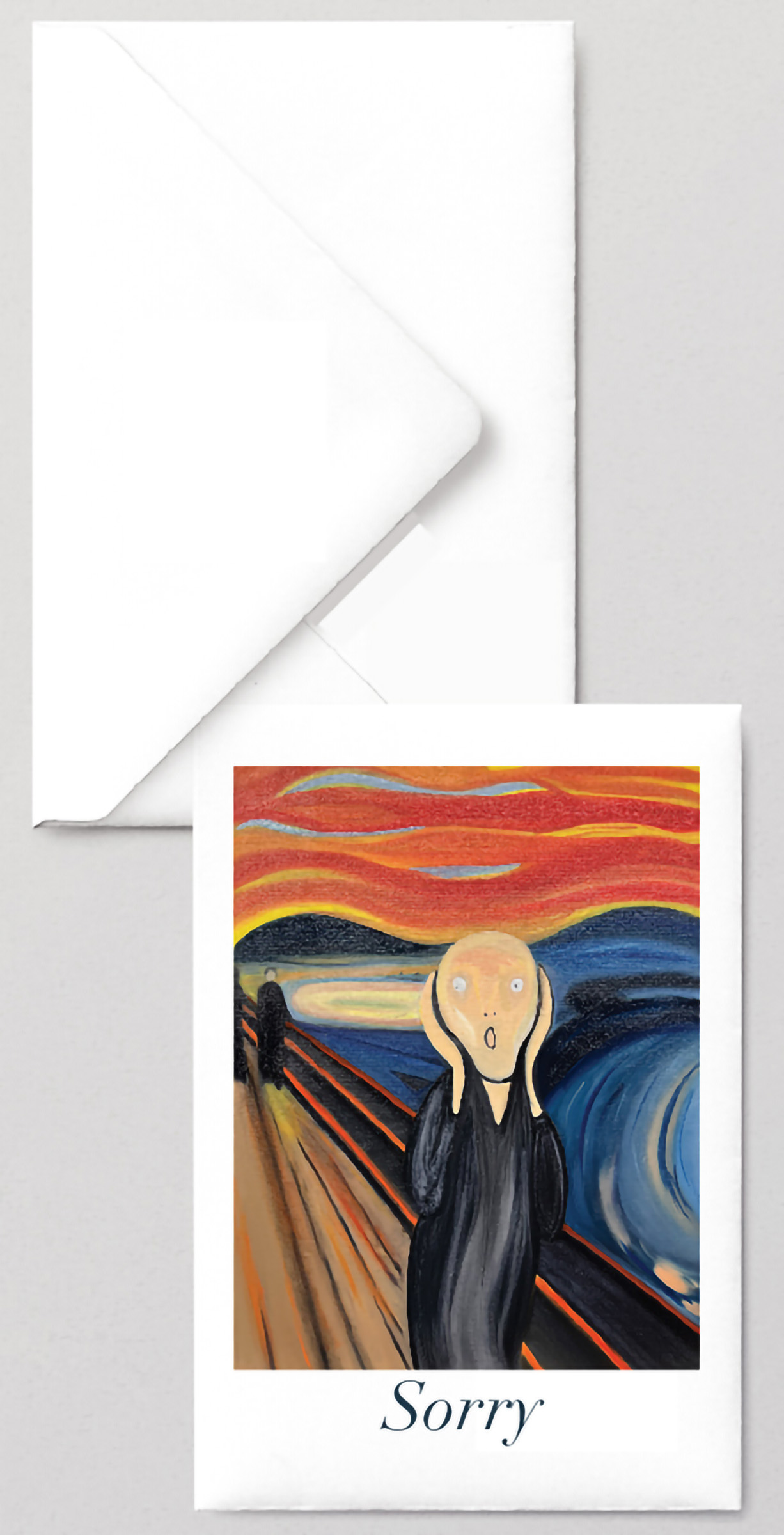 Mockup showing greeting cards created from The Scream, Reimagined painting.
