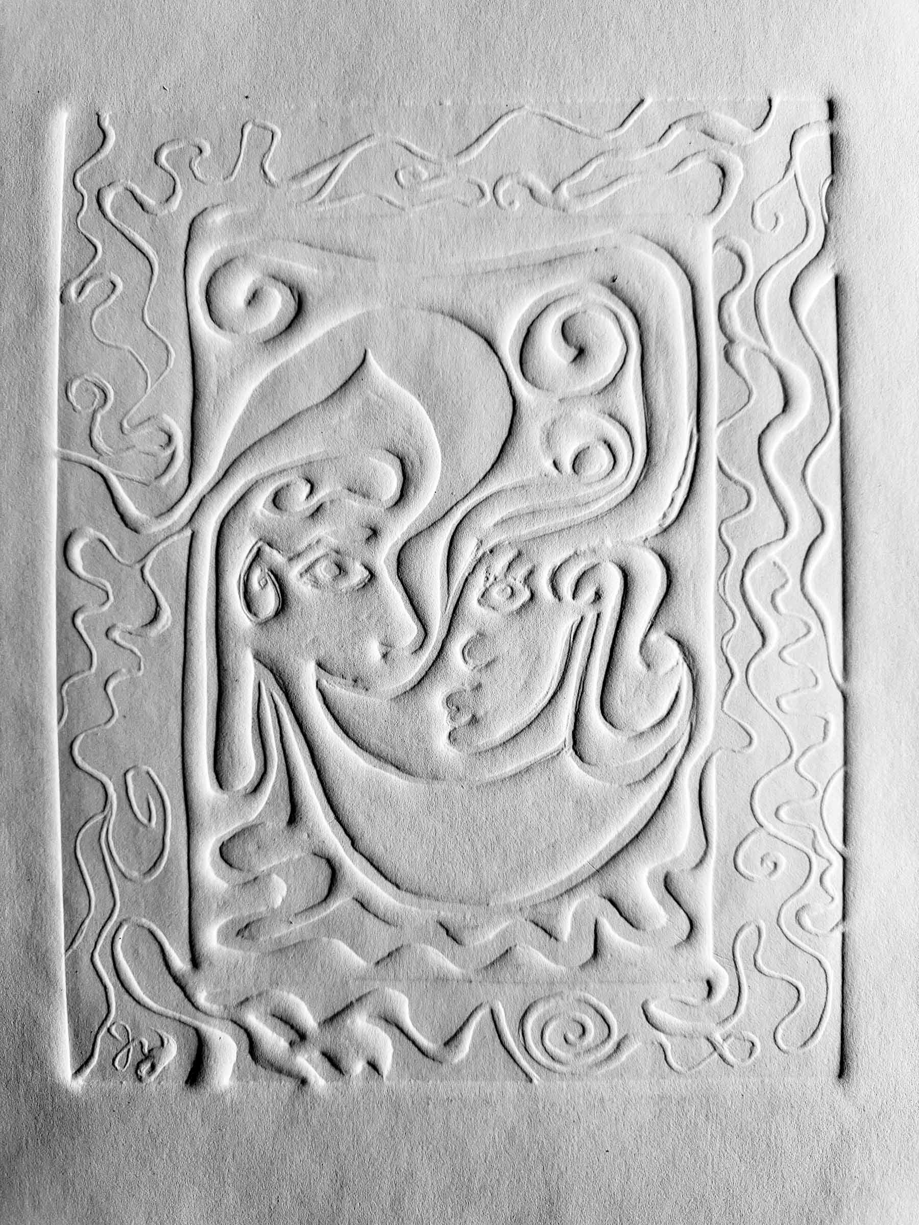 Embossed no-ink linocut impression of Blowing Smoke.