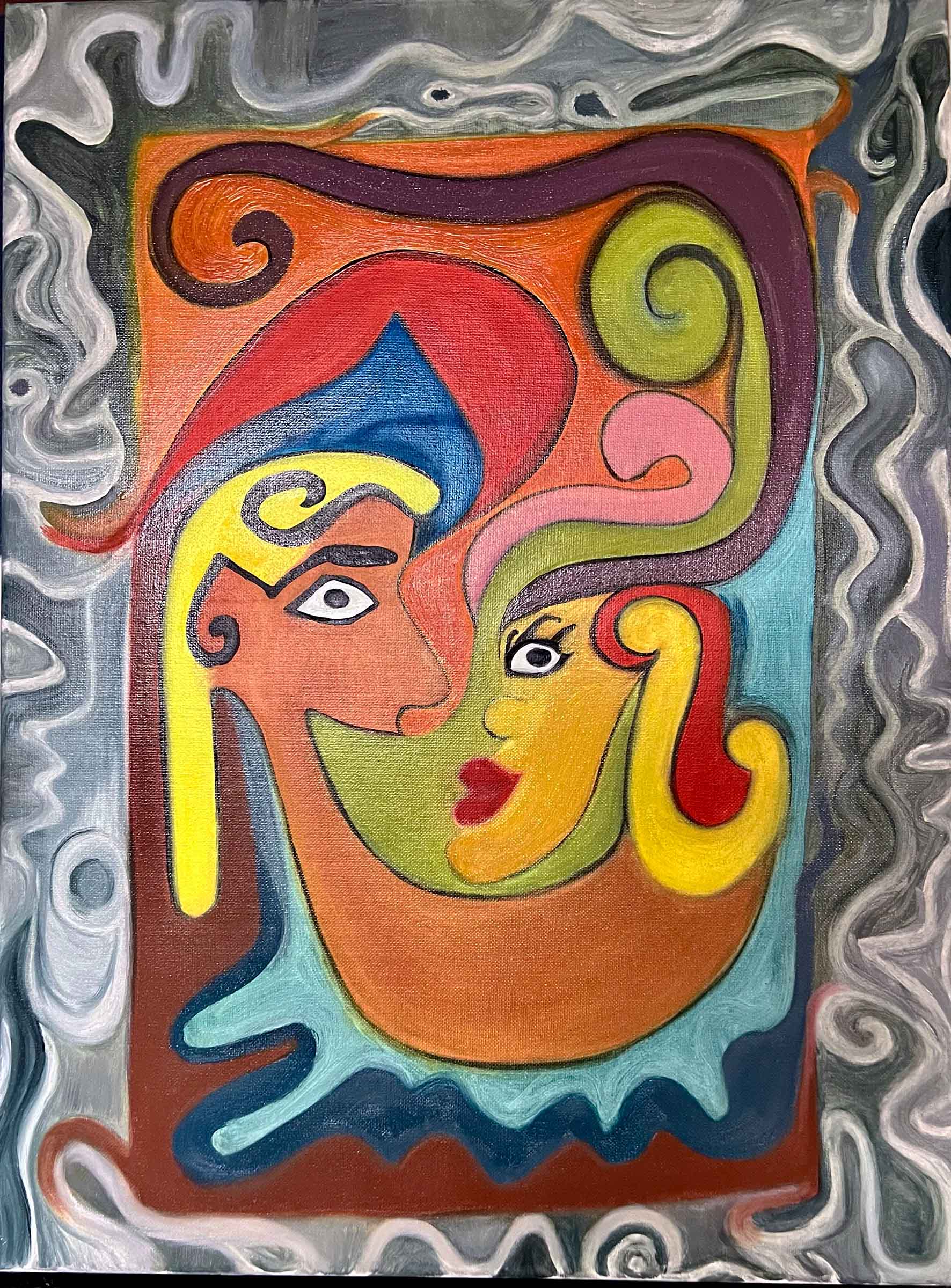 Completed Blowing Smoke oil painting showing a stylized figure exhaling smoke in bold flat color.