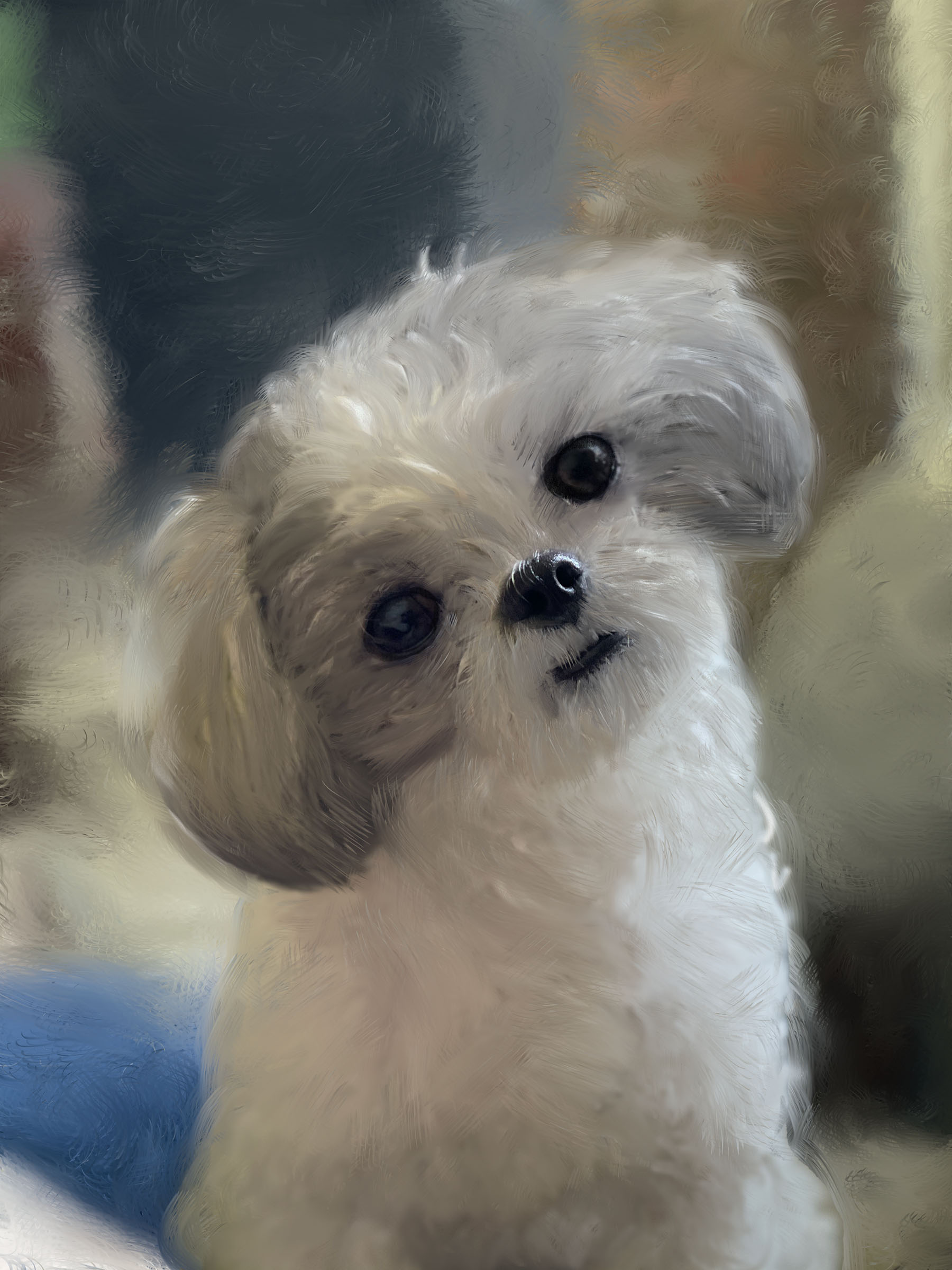 Spicy — digital painting of Spicy the dog, one subject explored across five assignments and media