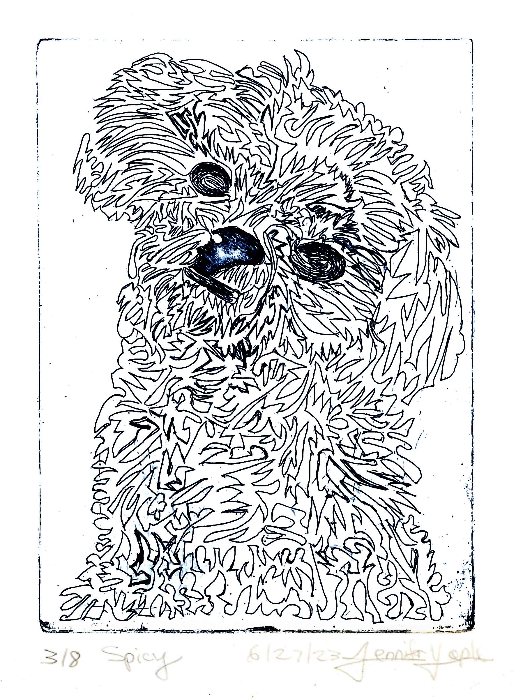 Etching print of Spicy translated from the one-line illustration into textured black ink on paper.