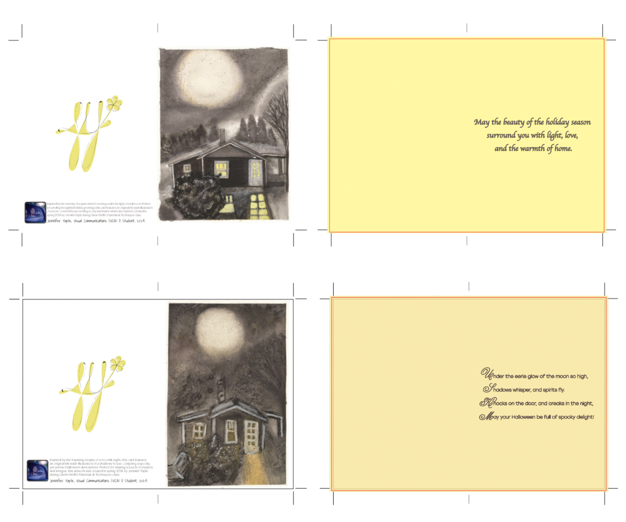 Front, back, and inside views of greeting cards created from the After Dark illustration.