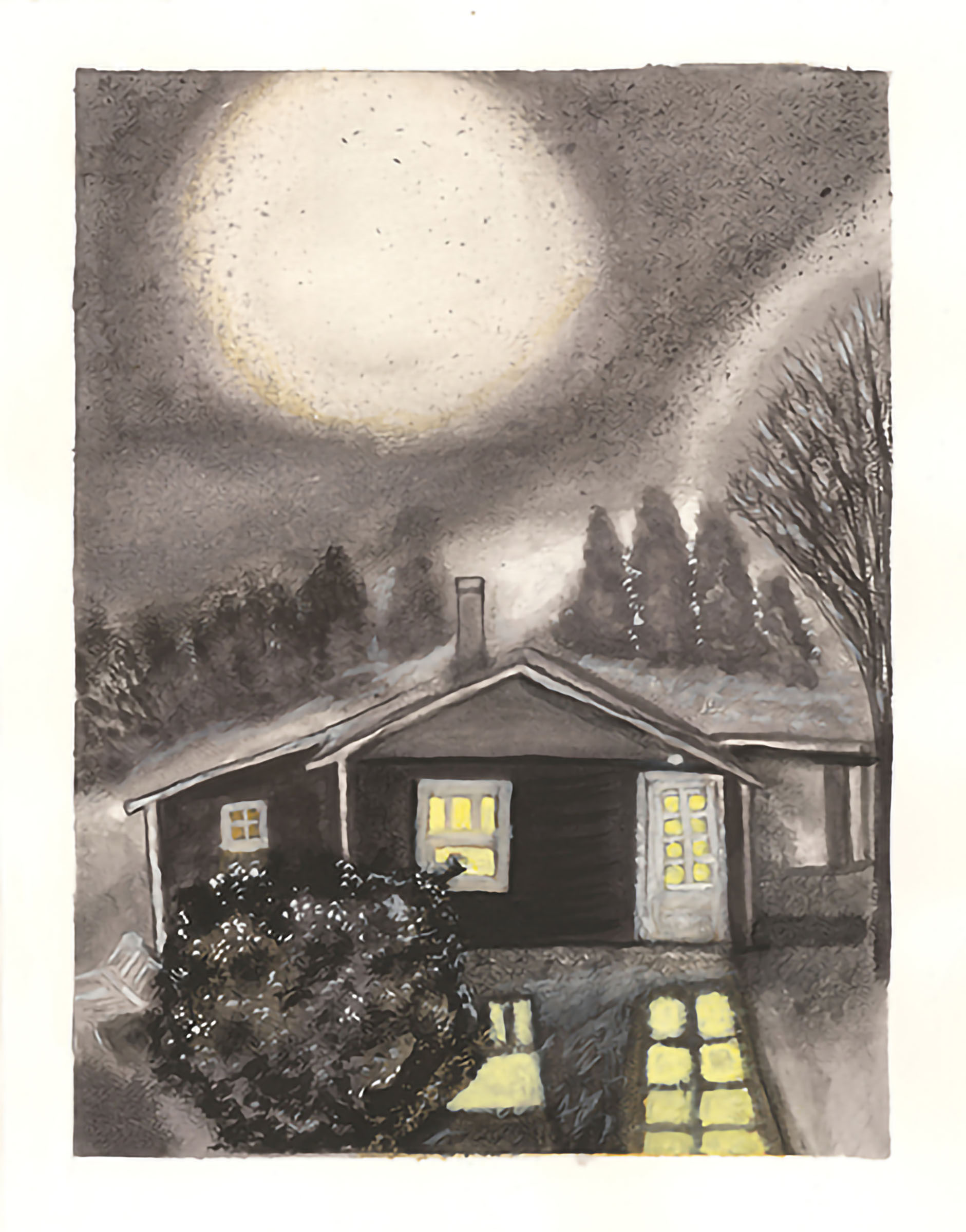 Final After Dark ink wash illustration showing a small house at night beneath a large moon.